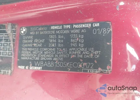 1989 BMW 325 I from USA, damaged, VIN WBABB1305KEC00172